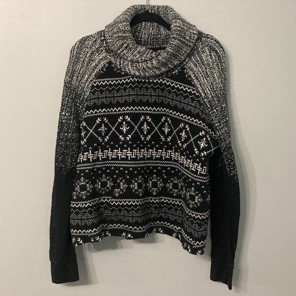 TONIA DEBELLIS Sweater Size XL Black White CHUNKY Cowl Neck Front Pocket Cozy - Picture 1 of 9